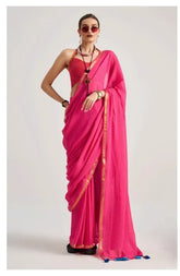 India Silk Rani Pink Sarees Crafted From Soft Viscose Mul Fabric Offer A Perfect Blend Of Comfort And Elegance